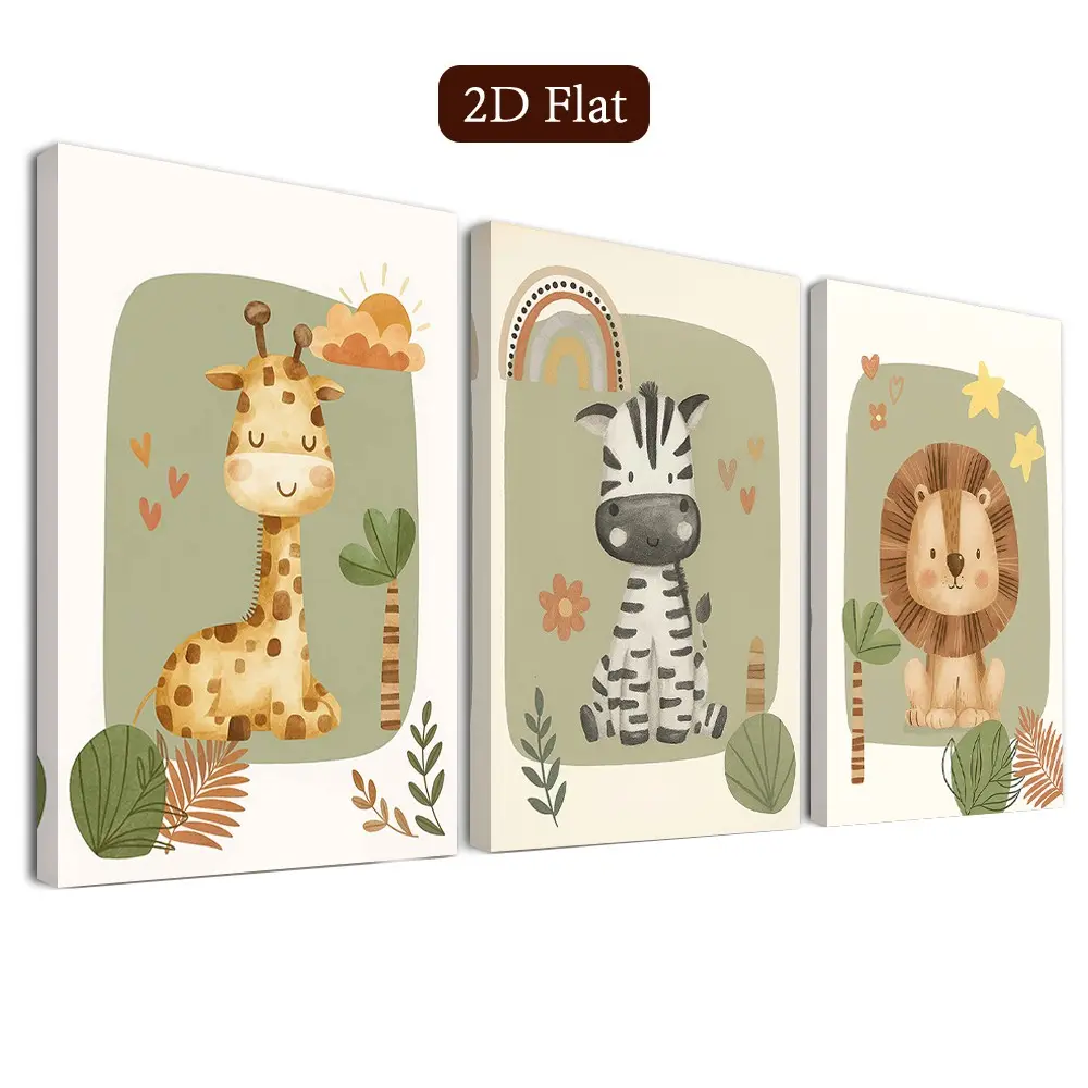 Cute Animal Wall Art Set with Frames, Wild Animal Theme Canvas Posters for Baby Rooms, Nursery and Kids' Spaces, Tropical Style Educational Classroom Decor for Living Room Bedroom Home Office Bathroom