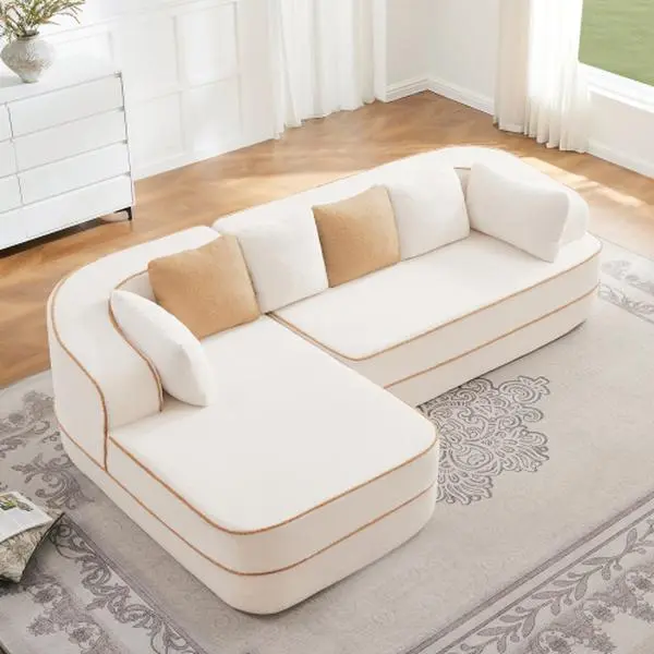 106" Cloud Sectional Couch with L-Shape Chaise,Teddy Fabric Boneless Modular Sofa with Deep Seat,32D High Density Sponge,Upholstered Couch for Living Room,No Assembly Required,White