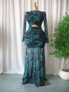 QFAF 2026 Showstopper! Emerald Floral Mesh Maxi Dress - Cutout Waist Ruch Bodycon Train Hem | Edgy Y2K Prom Party Engagement Night Out Dress