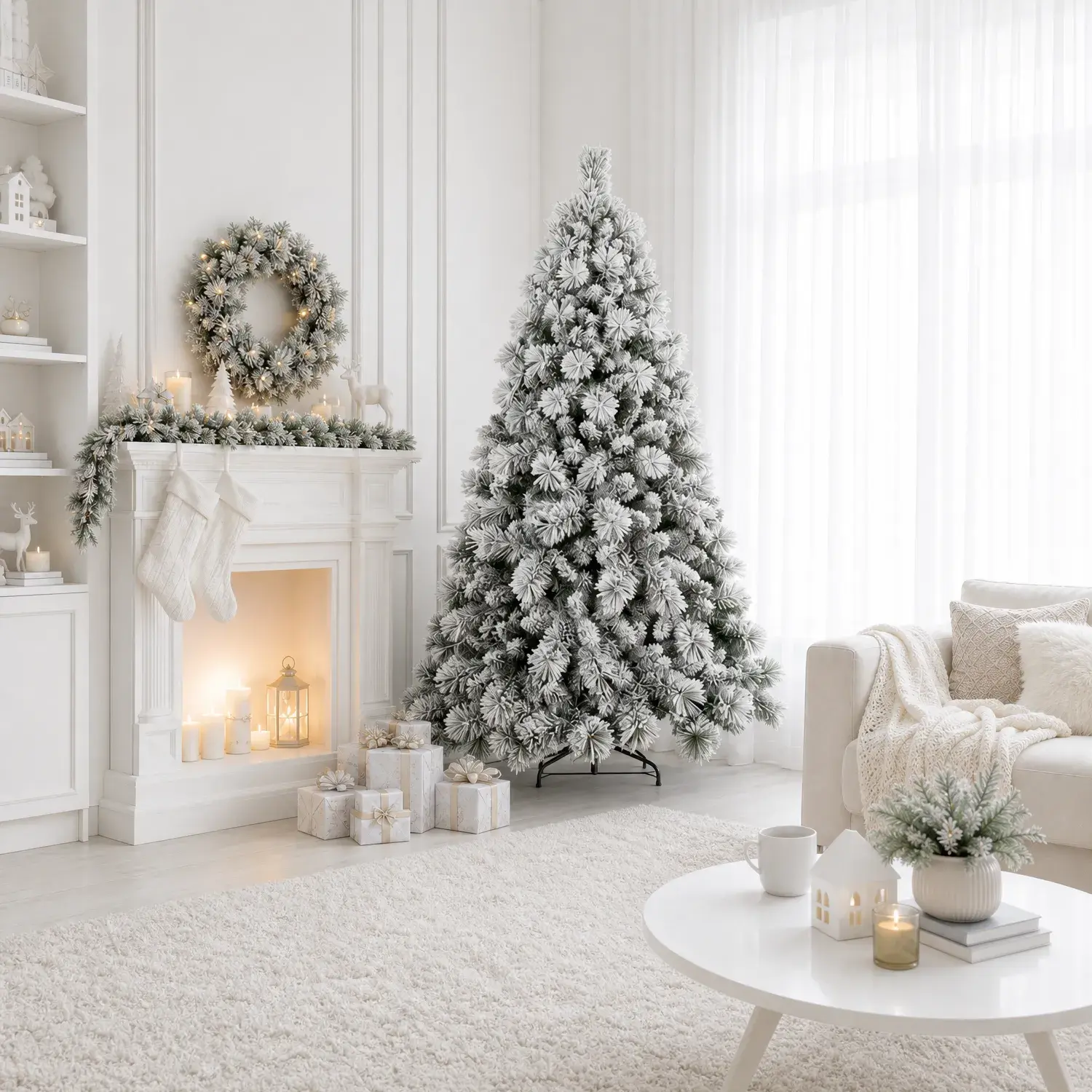 Artificial Flocked Christmas Tree, 4-9 FT Snow-Covered Tree with Pre-Lit or Unlit Options, PVC Branches, Hinged Design, Holiday Decoration for Home Office