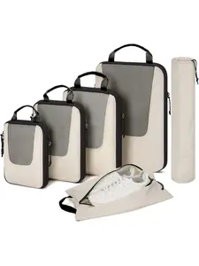 6 Pcs Compression Travel Packing Cubes Set Clear Mesh Luggage Organizer Pouches With Shoe Bag Drawstring Storage Bag Clothes Storage Bags For Suitcase Business Trip Vacation Men Women