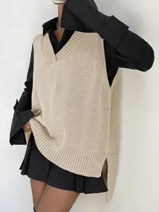 Women's Split V Neck Sweater Vest Without Shirt, Casual Loose Fit Solid Asymmetrical Hem Knit Top For Spring & Fall, Women's Clothing For Daily Wear