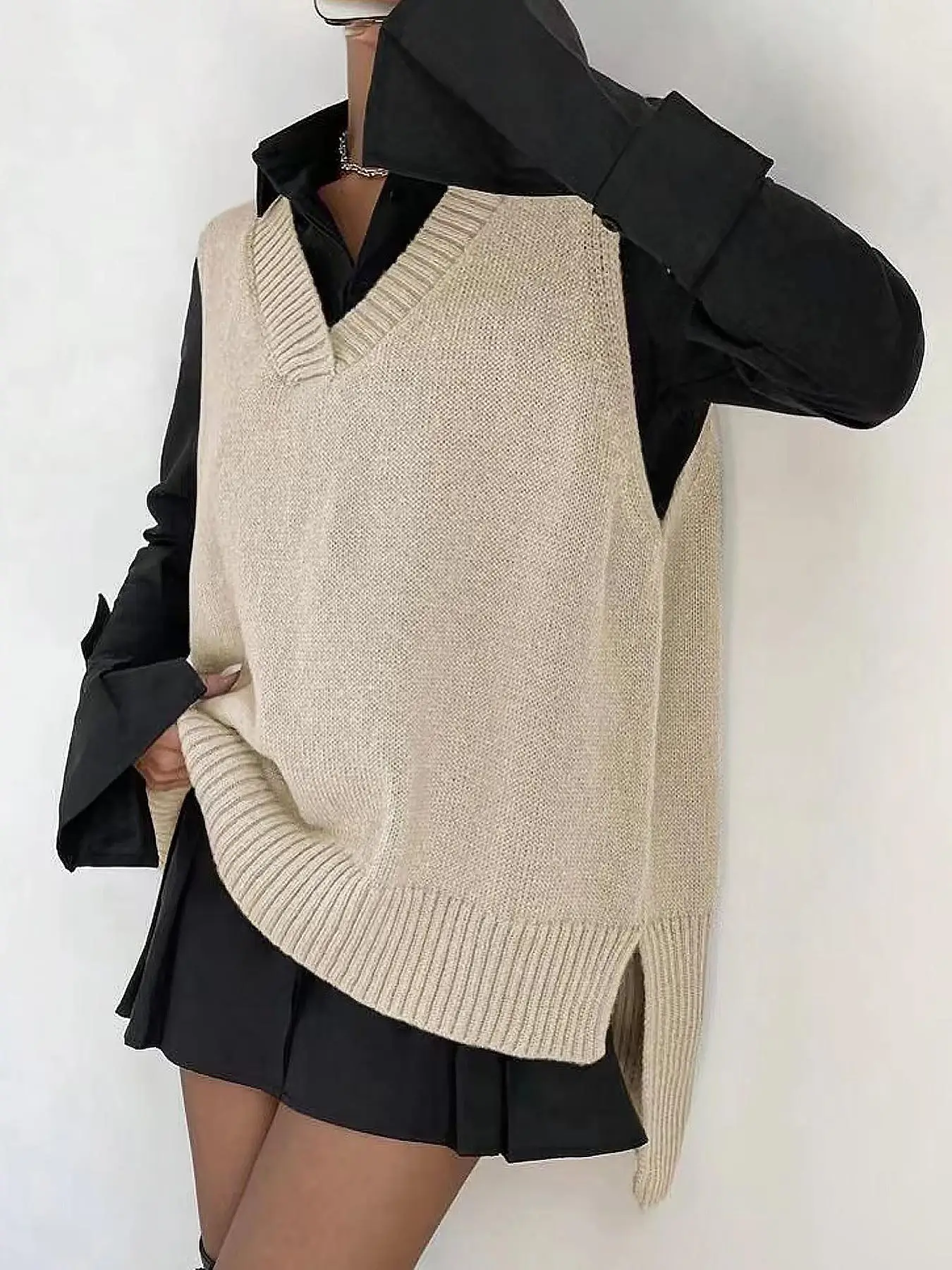 Women's Split V Neck Sweater Vest Without Shirt, Casual Solid Asymmetrical Hem Knit Top For Spring & Fall, Women's Clothing For Daily Wear