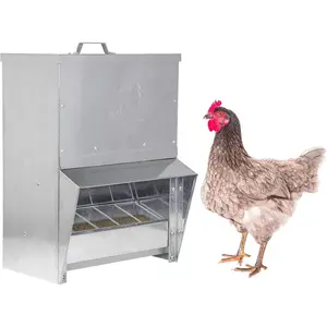 Galvanized Chicken Trough Feeder, Weatherproof Poultry  Dispenser with Lid 25LB Capacity