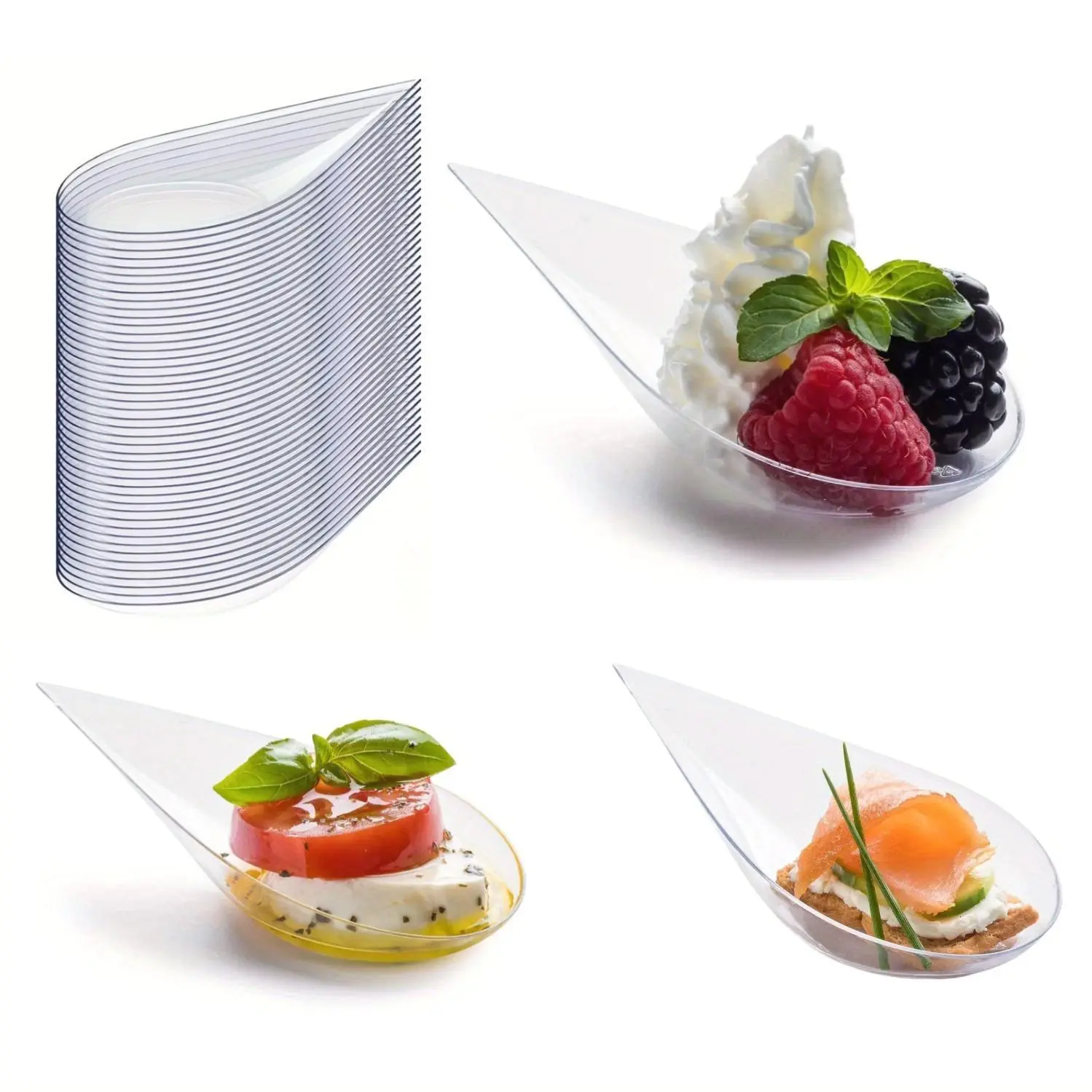 PUREDOVE 50pcs Teardrop Mini Appetizer Plates - Stackable, Reusable PS (Polystyrene) Dessert & Sauce Dishes, Easy to Carry & Clean, Bpa-Free for Cakes, Puddings, Jellies - Ideal for Weddings, Parties, Birthdays, Catering Supplies