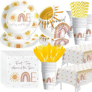 First Trip Around The Sun Birthday Decorations Tableware - Boho Sunshine Sun 1st Birthday Party Supplies, Paper Plate, Cup, Napkin, Tablecloth, Disposable Cutlery | Serves 24