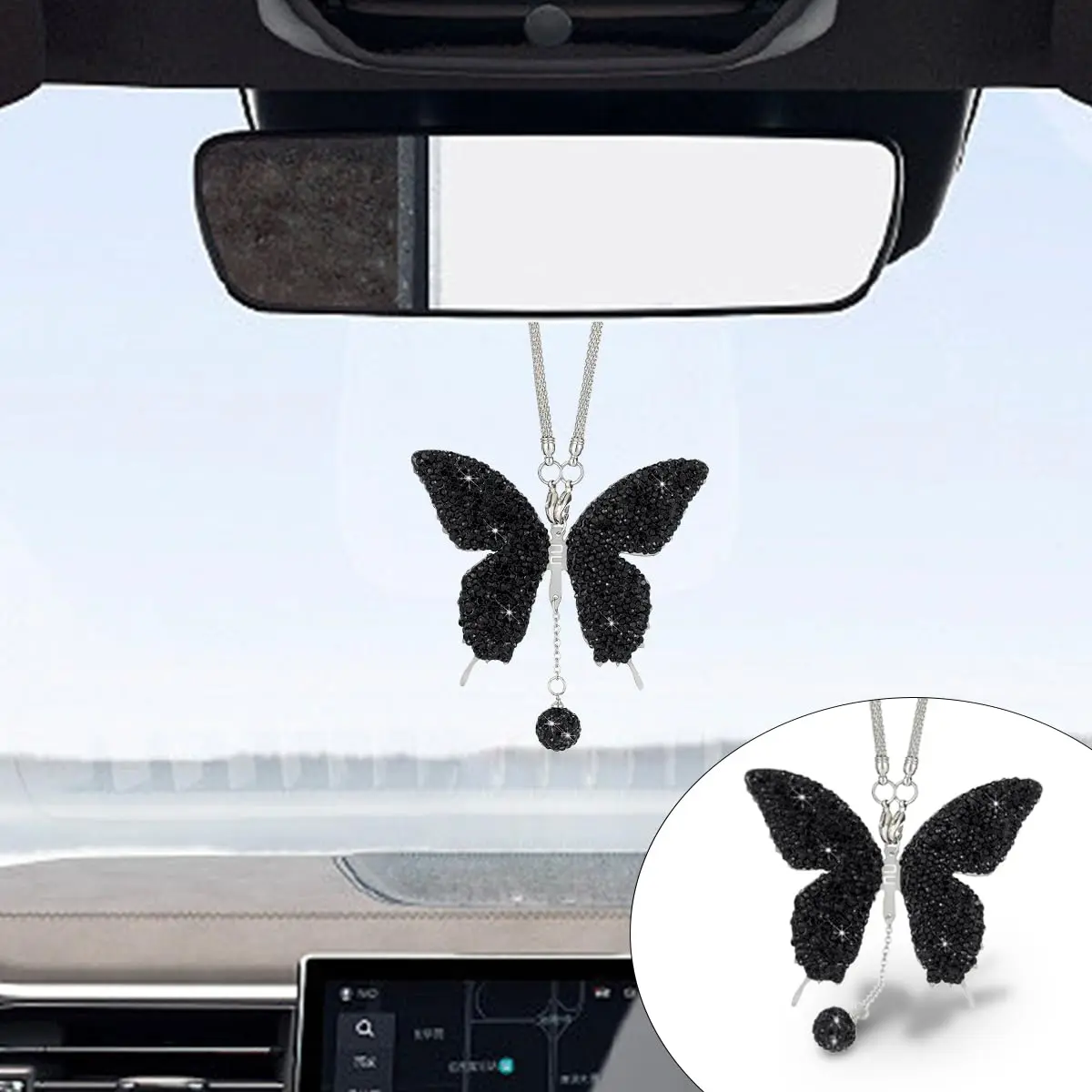 【Summer Survivals】Bling Elegant Butterfly Car Hanging Ornament- Crystal Rear View Mirror Charm with DiamondTassel Pendant, Fashion Car Rearview Mirror Pendant, Universal Cute Lucky Car Interior Decoration Summerwins, Bag & Keychain Accessories Summerfinds