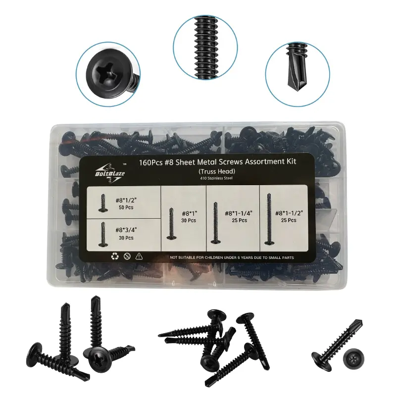 160-Piece Self-Tapping Screws Kit – 410 Stainless Steel Truss Head, Sizes 1/2" to 1-1/2"