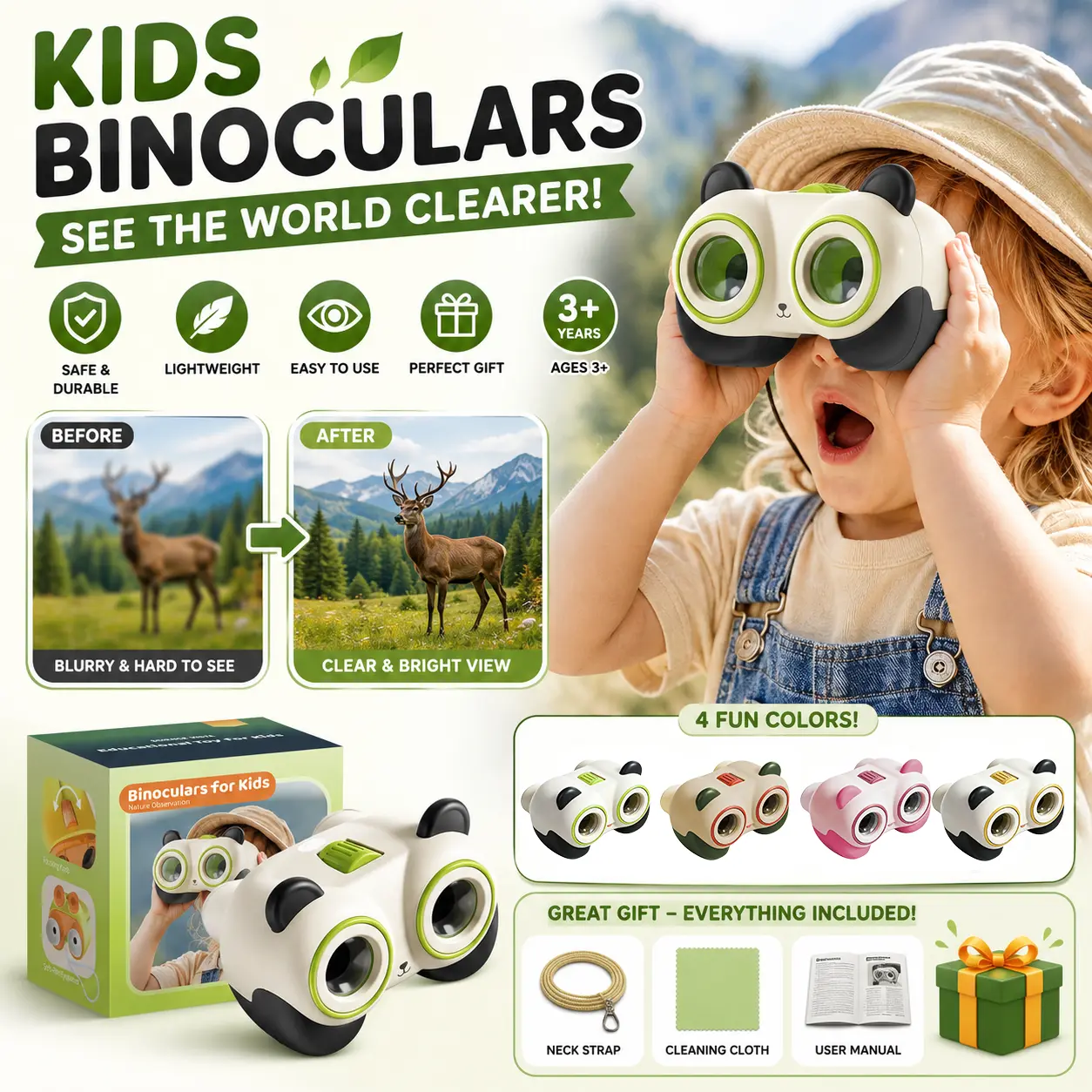 Panda Kids Binoculars - Unisex Screen-Free STEM Educational Toy for Ages 3-12, Shockproof Outdoor Adventure Gear, Bird Watching/Camping Accessory, Birthday Gift for Boys & Girls