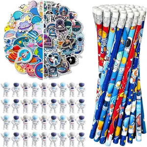 172 Pcs Outer Space Theme Stationery Set Astronaut spaceship rocket 36pencils 36erasers 100Stickers for Space Birthday Party Classroom School Reward Gift Prizes Goodie Bags Stuffers Office (space)