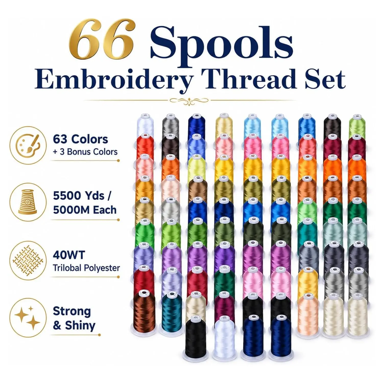 Simthread 66-Spools 40WT Polyester Machine Embroidery Thread Kit, 5500Y/5000M High Yardage Large Spools, Smooth Stitch Set for Sewing, Quilting, DIY Crafts