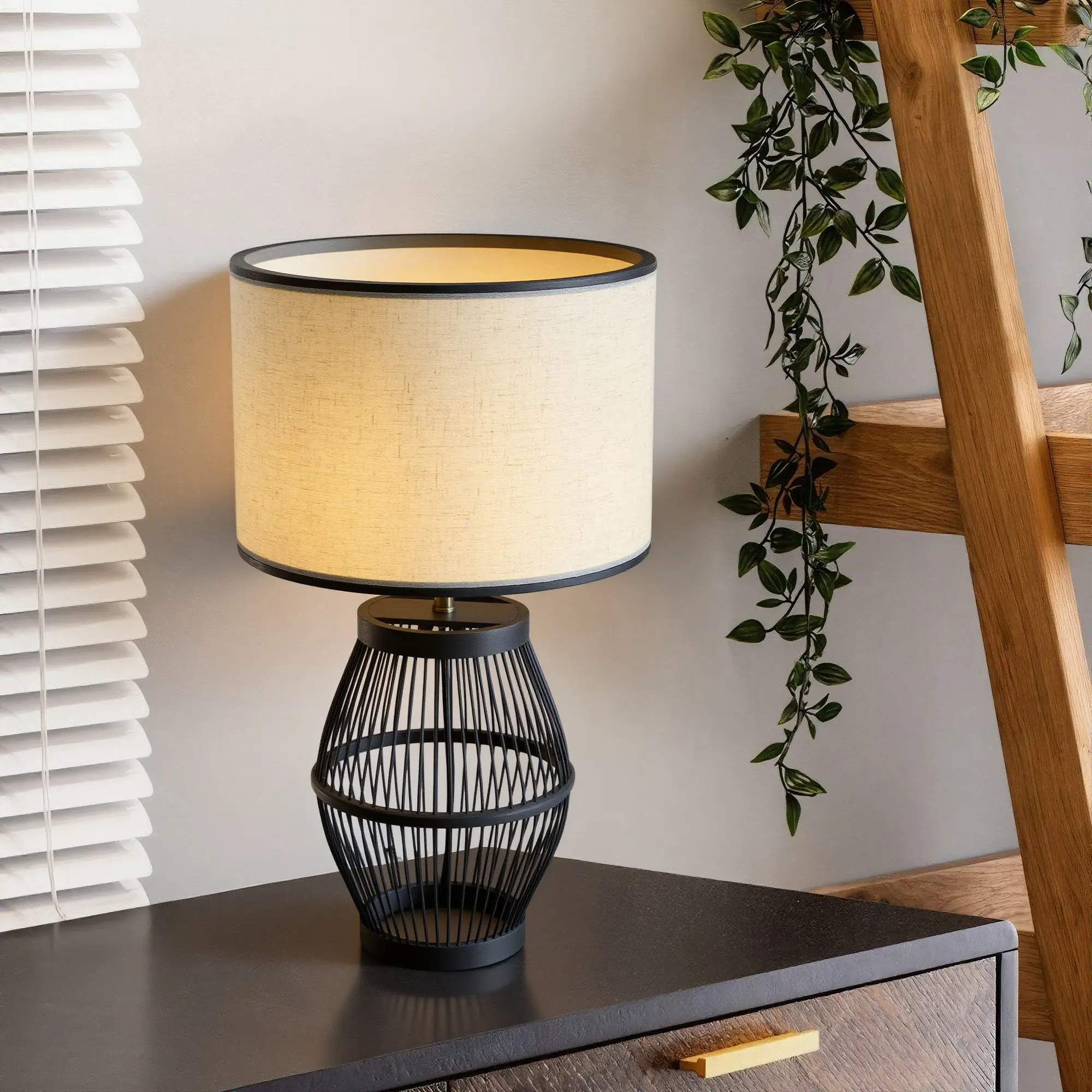 Booniture Dimmable Bohemian Lamp - Vase Shape Bamboo Base, Dappled Light, 5.25 ft Cord, Cylinder Shade, Table Lamp, Stepless Dimming, Free E26 Bulb, Lights, Desk Lamp, WeeklyDeals backtoschoolshopping