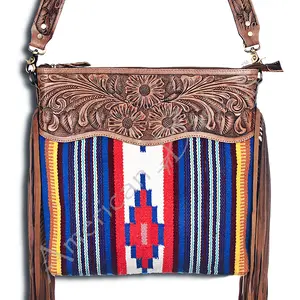 American Darling Signature Cross body Bag Handcrafted from Hand Tooled Floral Leather & Woven Saddle Blanket with Fringes