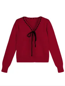 Sweet Contrast Color Gentle V Neck Sweater with Bow Knots, Trendy Puff Sleeve Cardigan for Autumn & Winter, Women's Knitwear Fashion