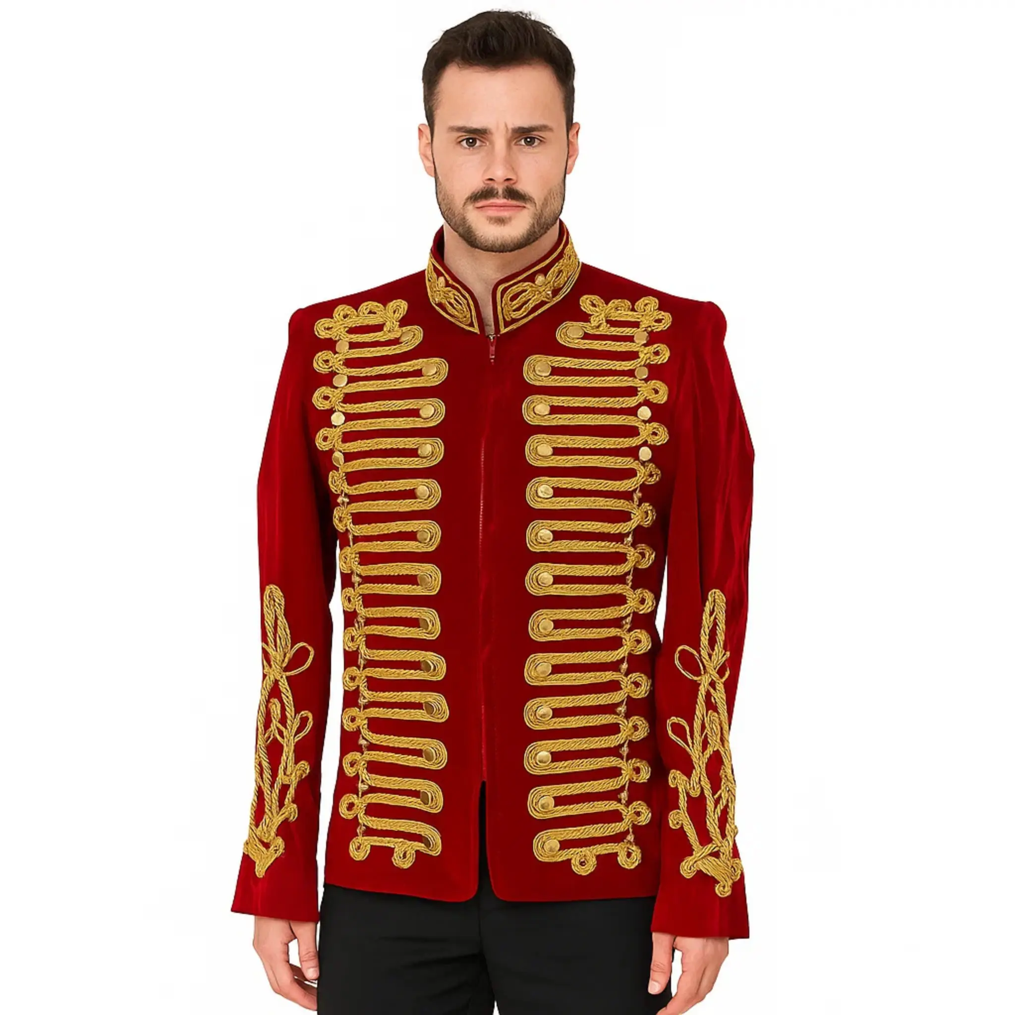 Men's Red Velvet Military Hussar Jacket with Gold Braided Parade Uniform Detailing Vintage Officer Band Design for Special Events