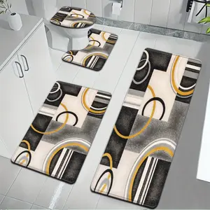 3/4pcs Minimalist Gray White Black Plaid Color Block Golden Line Pattern Bathroom Mat Set, Highly Absorbent, Includes U-Shaped Toilet Pad Suitable for Kitchen Decor, Bath Door Mat, Bathroom Rug, Bedroom Carpet