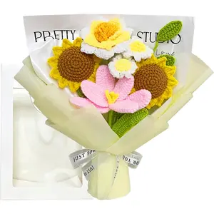 Flowers Bouquet, Knitted Bouquet, Sunflowers Tulips Roses Daisies, Christmas, Wedding Bouquet, Home, Anniversary, Birthday Gift for Wife Lover (Yellow)