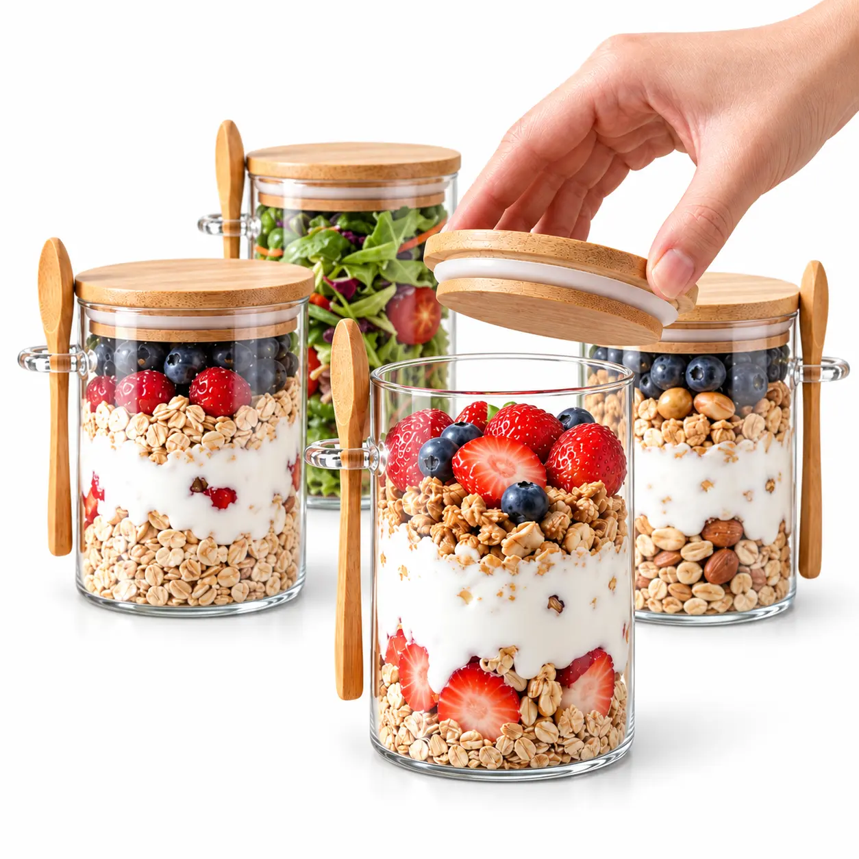 4PCS 16oz Glass Food Jars with Bamboo Lids, Airtight Leakproof Wide Mouth Storage Containers for Kitchen Pantry Organization, Overnight Oats, Yogurt, Chia Pudding, Salad, Fruit, Desserts, Snacks, Leftovers & Refrigerator Meal Prep