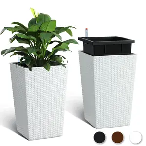 GARVEE 16 Inch Tall Planter Set of 2 Large Rattan Flower Pot with 2 Trays & a Water Level Monitor & Wheels Outdoor and Indoor for Patio, Porch, Living Room, or Home Office, White
