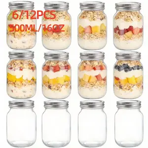 6/12 Pack 16oz Glass Mason Jars with Lids, Overnight Oats Containers, Overnight Oatmeal Jar, Food Storage Jars for Meal Prep & Kitchen Organization