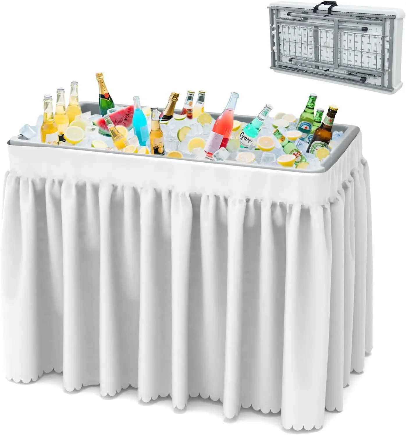 SHAREWIN Foldable Plastic Cooling Cooler Table with Skirt, Drain Tube & Large Tray, Portable Self-Serving Beverage Bar for Weddings, Picnics (White), Outdoors