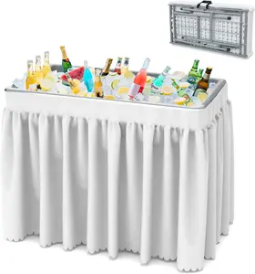 SHAREWIN Folding Ice Cooler Table, Skirt &Drain Hose Plastic Chill Table to Keep Drinks Cool, Portable Foldable Self-Serving Beverage Cooling Bar for Parties, Picnics, Barbecues, Fishing(White
