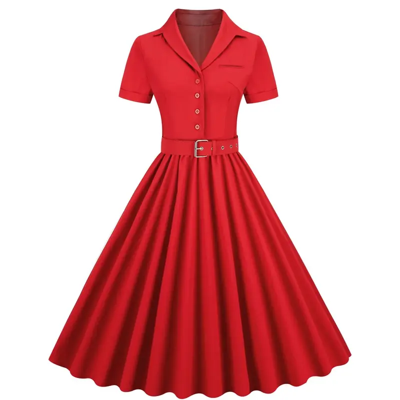 Women's dress short-sleeved new summer retro solid color swinging tutu skirt
