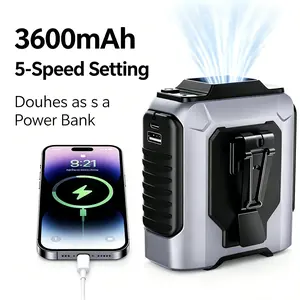 3600mAh Portable Waist Clip Fan, Power Bank Function, 5 Speed Adjustable Wearable Fan. Rechargeable Hands-Free, Waist/Neck/Desktop Use. Built-in Flashlight & SOS Emergency Light, Great for Outdoor, Camping & Travel.