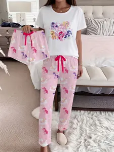 3pcs Cartoon All-Over Print Pajama Set for Women, Short-Sleeved Long Shorts Loungewear, Comfortable Sleepwear for Home
