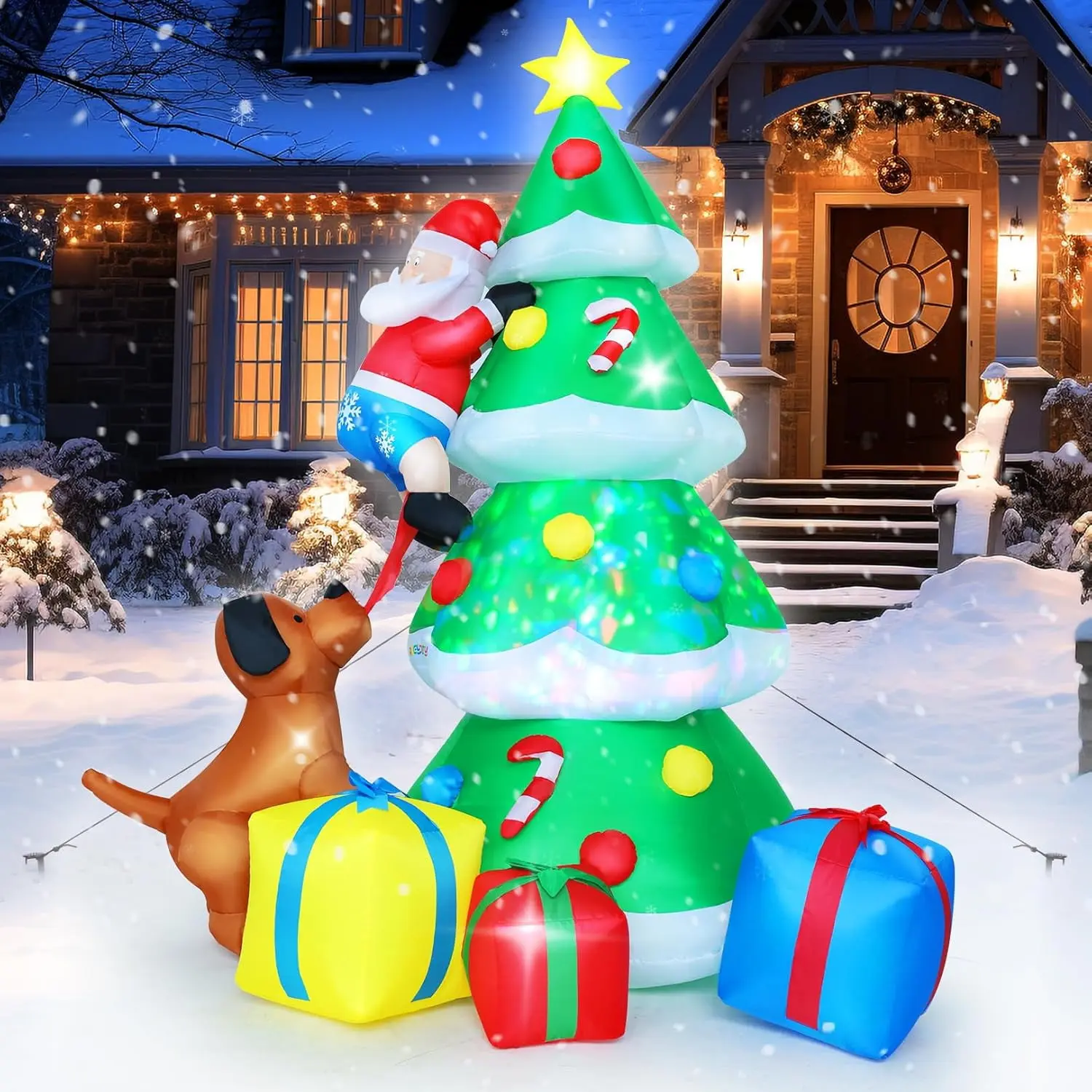 Qhomic 7.7FT Christmas Inflatable Tree with Santa, Christmas Inflatable Outdoor Decoration with LED Lights, and 3 Gift Boxes for Holiday Indoor and Outdoor Patio Decoration with Blower