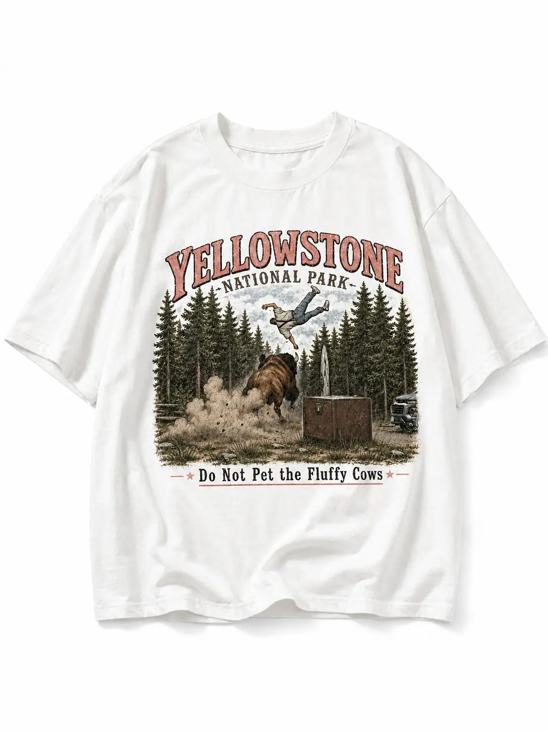 Men's Casual Graphic Print Short-Sleeve Cotton T-Shirt - Funny "Do Not Pet The Fluffy Cows" Yellowstone Bison Minimalist Outdoor Menswear Top, Streetwear