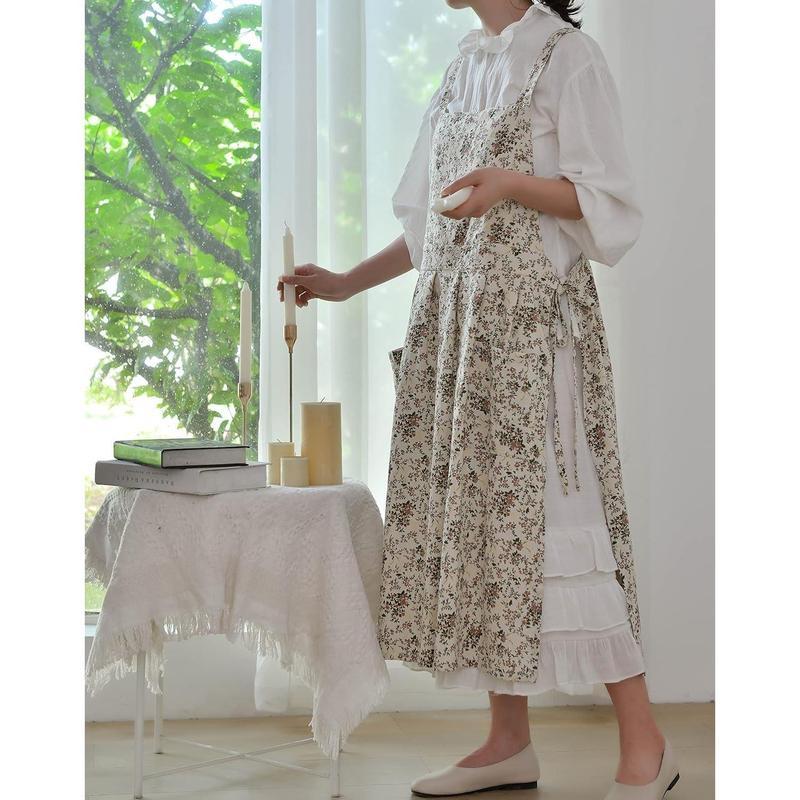 Women's Floral Cotton Waterproof Adjustable Kitchen Apron with Pockets, Vintage Pinafore for Cooking Baking, Washable Craft Gardening Apron