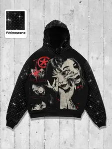 Men's Streetwear Rhinestone Hooded Drawstring Long Sleeve Casual Creative Portrait Goth Sweatshirt, Fall & Winter Loose-Fitting, Gothic Style Hoodie