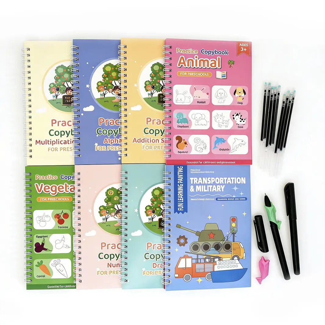 Magic Reusable Grooved Practice Copybook Set for 3+ Preschool Toddlers - 8 Books, 2 Pens, 10 Pen Refills, 2 Pencil Grips, Erasable Pages, Groove Handwriting Guide (Numbers, Animals, Drawing Early Learning Tracing Kit)