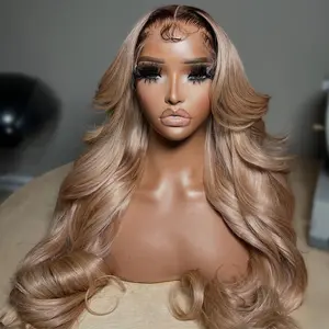 Ombre Brown Roots Ash Blonde Wigs Human Hair 13X6 HD Lace Frontal Wig 180% Density Colored Body Wave Lace Front Wig Natural Hairline PrePlucked With Baby Hair for Black Women Ombre Blonde Glueless Lace Frontal Wig Tea Milk Color
