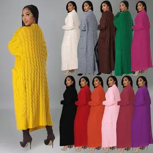 Woven Women's Solid Color Off-the-Shoulder Pocket Long Cardigan, Casual Autumn & Winter Knitwear, Daily Knitwear, Women's Daily Clothing Knitting Comfort