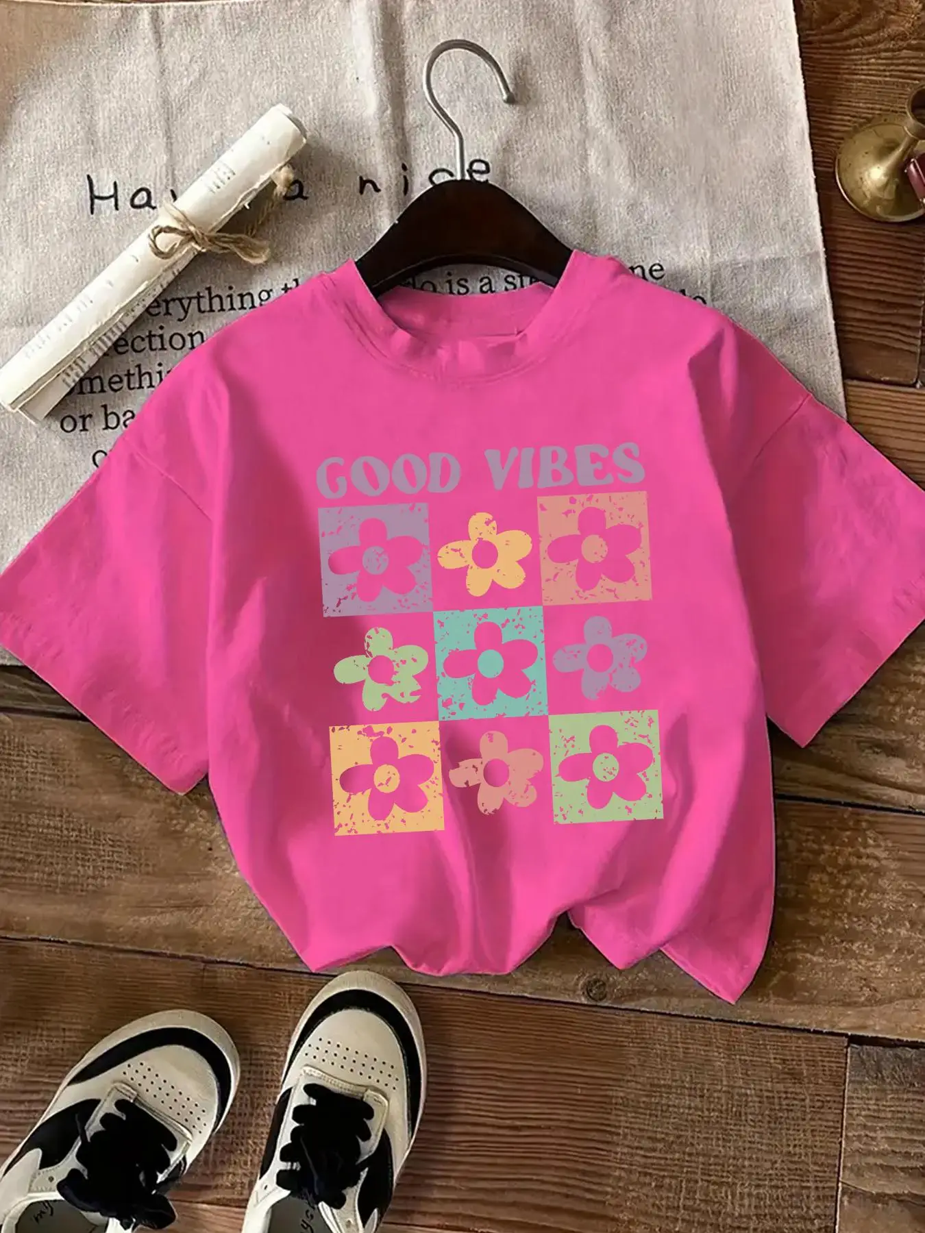 Girl's Floral & Letter Print Round Neck Tee, Fashion Casual Crew Neck Short Sleeve T-Shirt for Daily Outdoor Wear, Girls Clothing for Summer