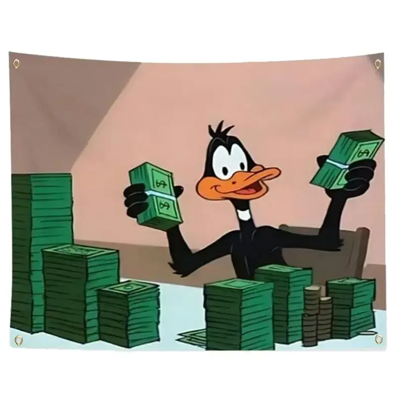 Daffy Duck Dollar Bill Print Tapestry, Funny Cartoon Wall Decor, Greedy Duck Funny Decor for Bedroom Man Cave, Home Supplies Party Backdrop Gift for Him, Whimsical Home Decor