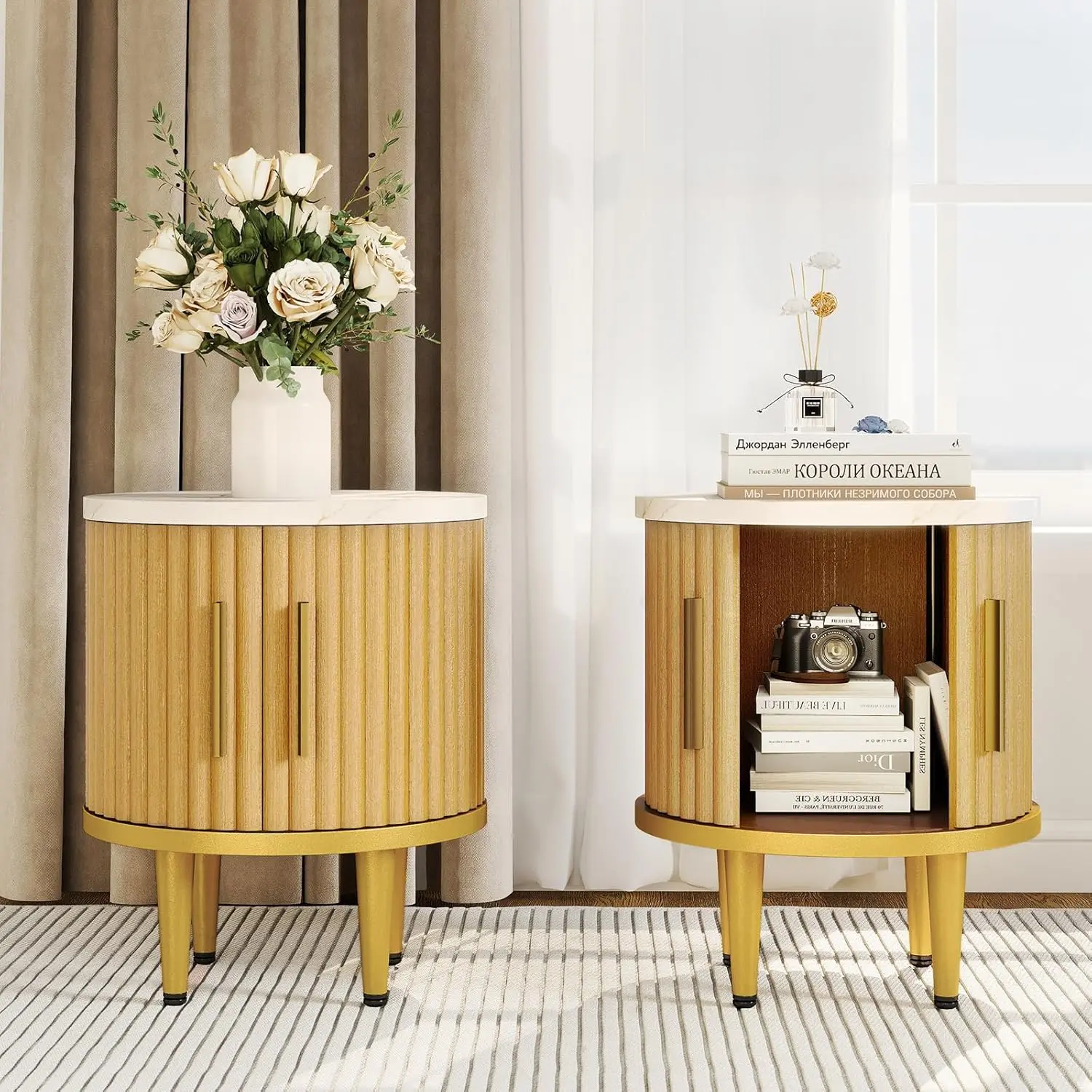 Jolydale Set of 2 Fluted Oak Wood Nightstands - Small Modern Boho Side Tables with Faux Marble Tops, Metal Handles, Sliding Doors, Curved Edges, Easy Setup for Bedroom Indoor Furniture, Nightstand