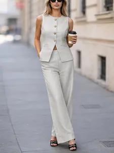 Women Elegant 2 Piece Outfit Sleeveless Button Vest Top & High Waist Wide Leg Pants Set, Minimalist Old Money Style Matching Set for Office Work, Business Casual, Vacation, Brunch, Street Style Chic Summer Outfit