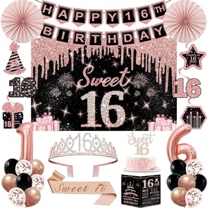 Rose Gold Sweet 16 Birthday Decorations Kit for Girls - 32PCS Set Includes Backdrop, Crown, Sash, Banner, Balloons, Cake Topper & More