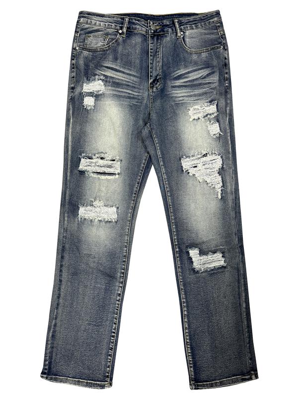 Men's High Street Fashion Jeans, Tight-Fitting Washed Denim Jeans, Versatile Street Style, Essential Clothing for Men, Ripped Jeans