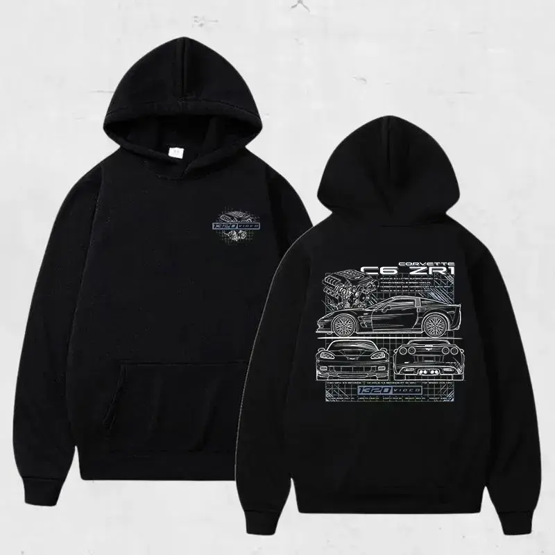 C6 ZR1 Blueprint Hoodie – Corvette Engine & Chassis Line Art for Car Enthusiasts, Performance Racing Style, Unisex Menswear Auto Hoodie