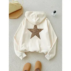 Women's Leopard Star Print Drop Shoulder Drawstring Hoodie, Fashion Casual Kangaroo Pocket Hooded Sweatshirt for Daily Holiday Outdoor Wear, Women Clothing for Fall & Winter