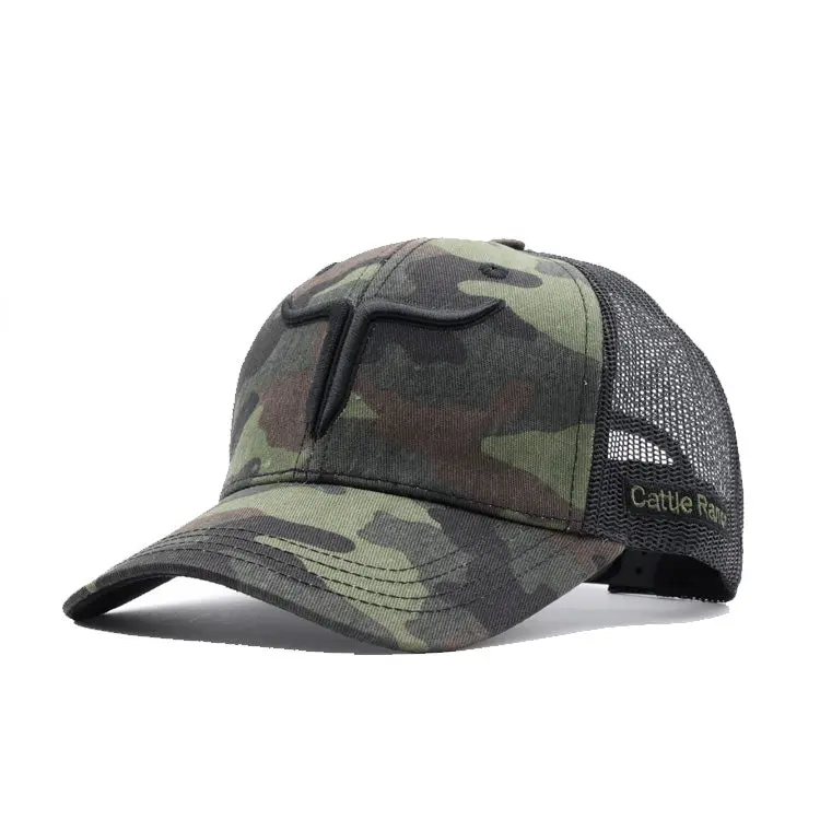 Cattle Ranch Green Camo Trucker Hat - 6 Panel Adjustable Snapback with Suede & Cotton Materials, Mesh Rear Panel, and 3D Embroidery Curved Brim