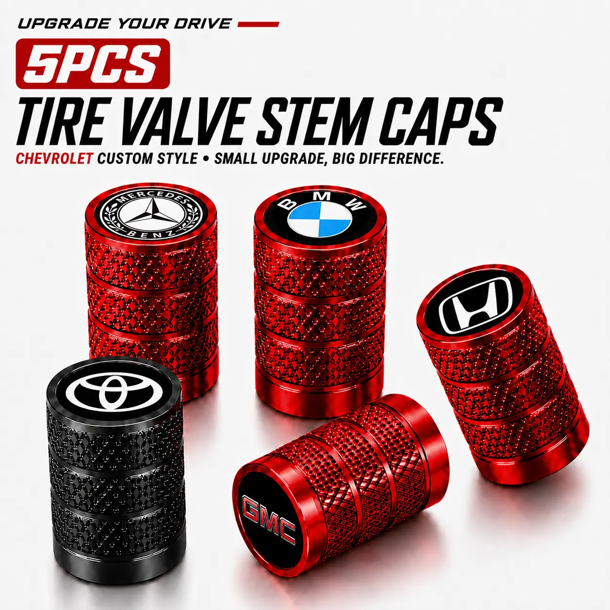 Tire Valve Stem Caps 5 Pack Universal Fit Aluminum Alloy, Heavy Duty with Rubber O-Ring Seal - Leak Proof, Dust Proof, Weatherproof, Anti-Rust & Corrosion Resistant for Cars, SUVs, Trucks, Motorcycles & Tire Protection