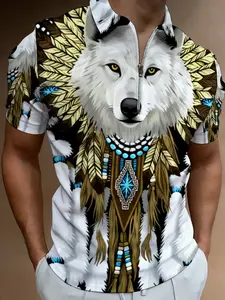 Short Sleeve Polo Shirt with Wolf Head Print, Men's Summer Trendy Casual Top, Ethnic Pattern Design, Sun Protection Breathable Style, Casual Wear