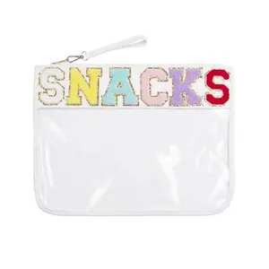Transparent PVC Snack Organizer Bag with Zipper, Embroidered Letter Portable Makeup Bag, Handheld Cosmetic Pouch, Waterproof PU Travel Pouch