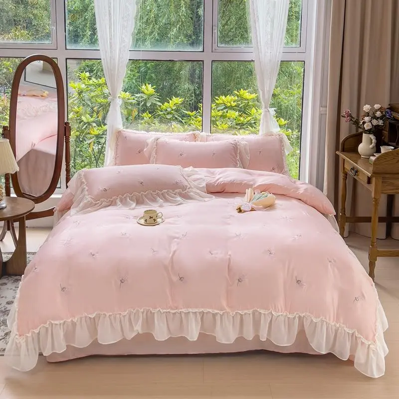 Rose Embroidery Decorative Duvet Cover Set, Embroidered Bed Set, 1 Count Duvet Cover & 2 Counts Pillowcase without Filler, Soft Comfortable Floral Bedding Set for Home Bedroom, Comfy Bedding Sets, Bed Sets Supplies