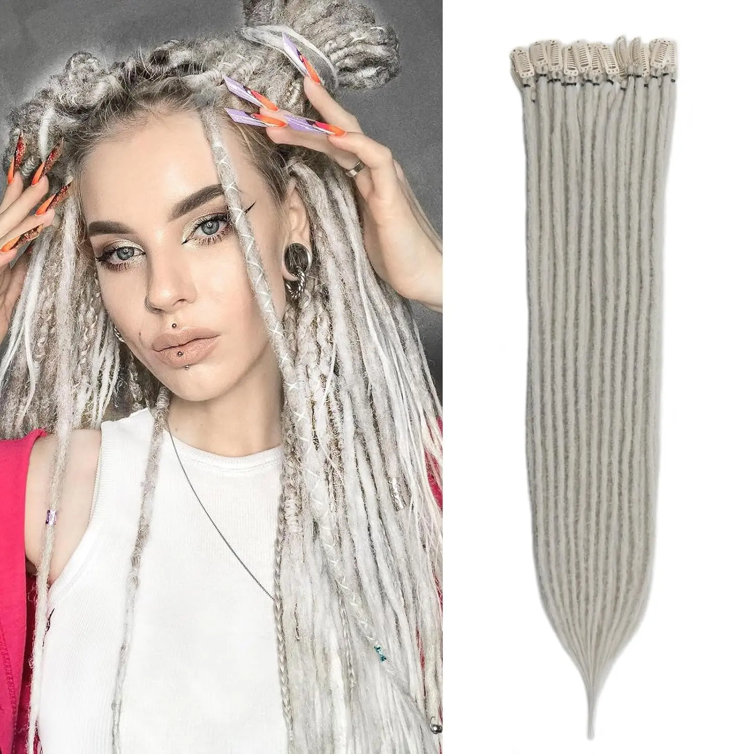 6 count Light Gray Clip In Dreadlock Extensions, 24 Inch SE Thin 0.6cm Dreads Extensions, Synthetic Clip in Dreadlocks Reggae Hippie Crochet Dreads for Women